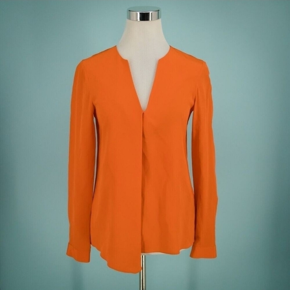 Tibi Orange V Neck Long Sleeve Pleated Asymmetrical Hem 100% Silk Top Size 8